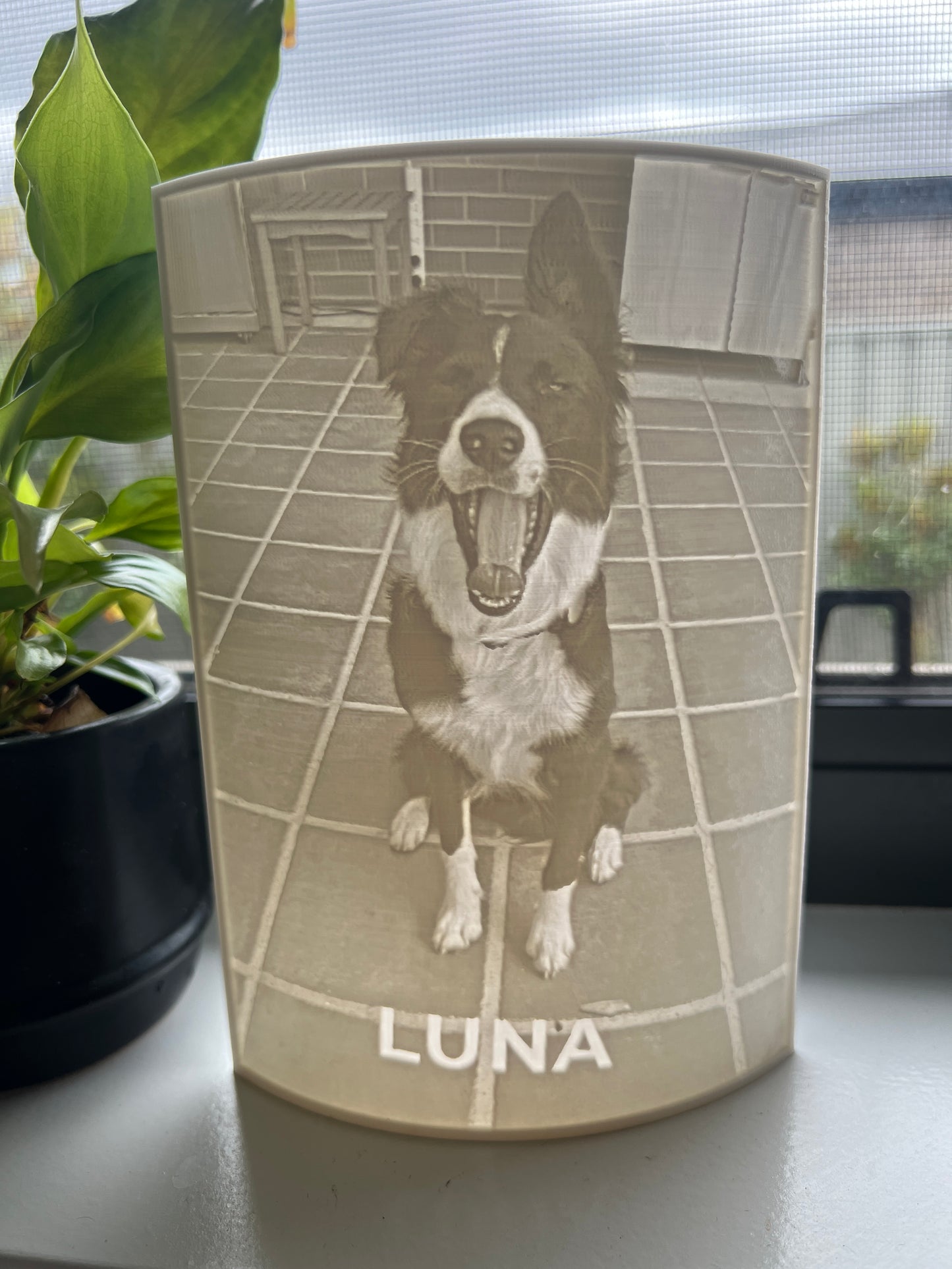 Backlit 3D printed photo memorial gift on a windowsill