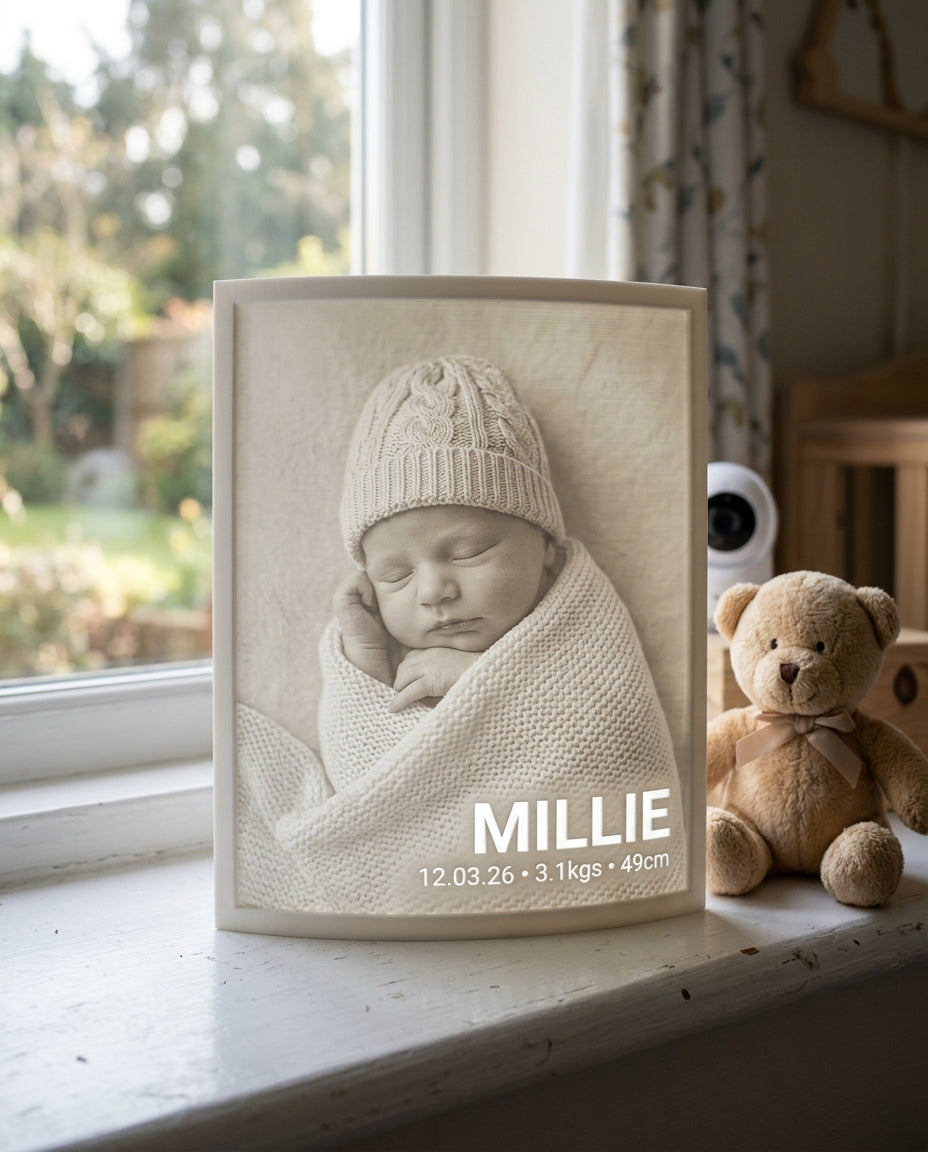 Newborn 3D Moment lithophane of baby Millie glowing on a nursery windowsill