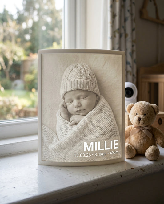 Newborn 3D Moment lithophane of baby Millie glowing on a nursery windowsill