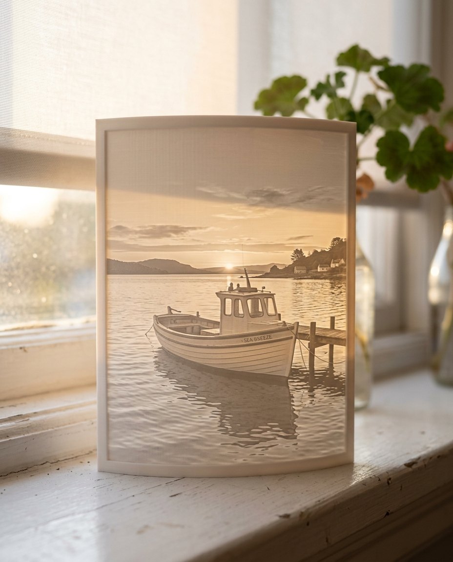 A boat as a 3D Moment, glowing on a windowsill