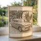 A classic car as a 3D Moment, glowing on a windowsill