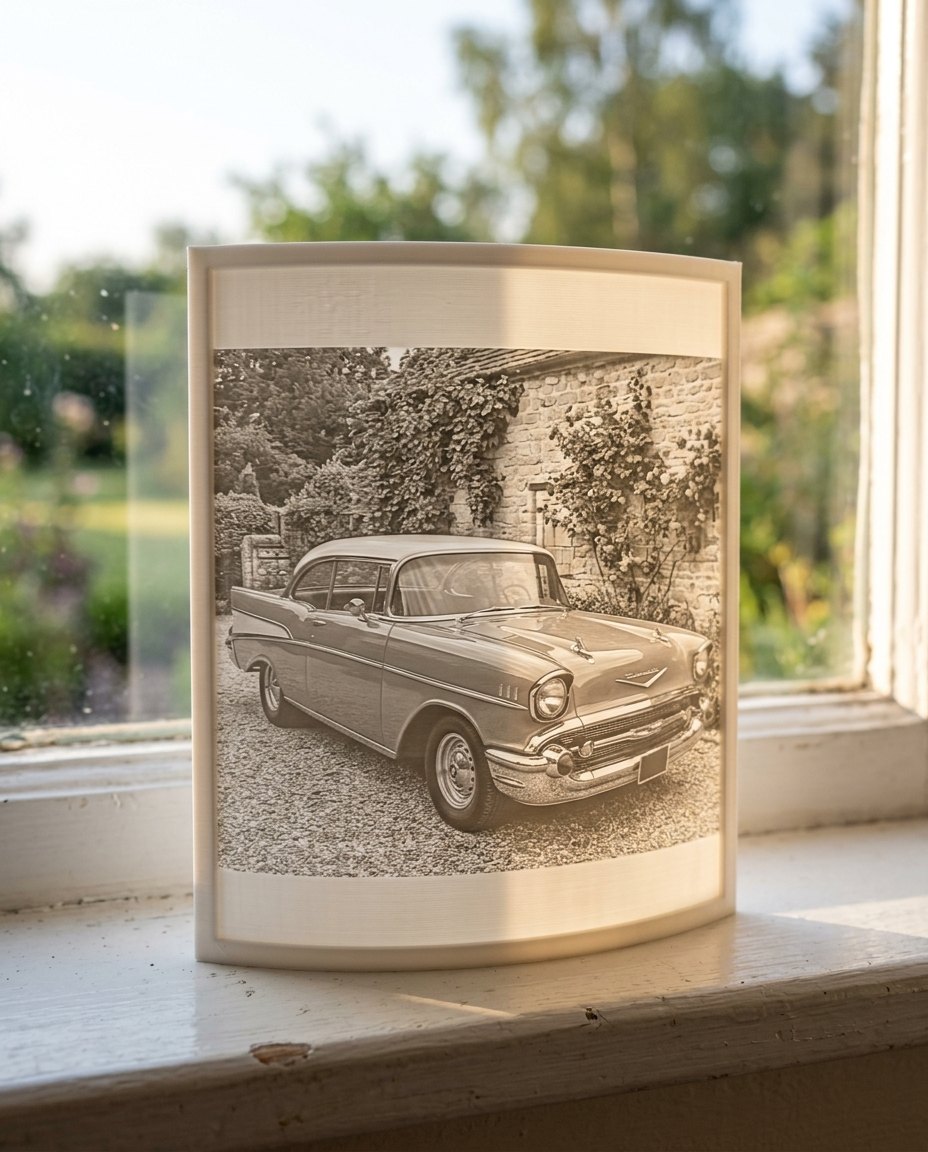 A classic car as a 3D Moment, glowing on a windowsill