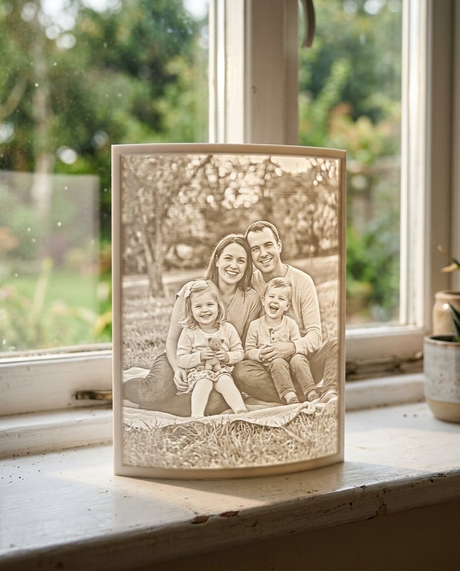 A family photo as a 3D Moment, glowing on a windowsill