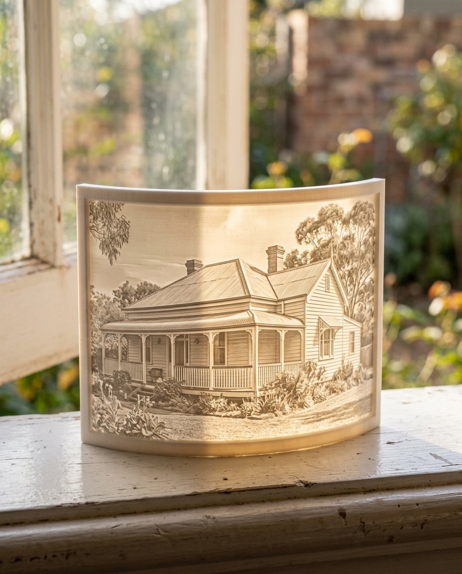 The family home as a 3D Moment, glowing on a windowsill