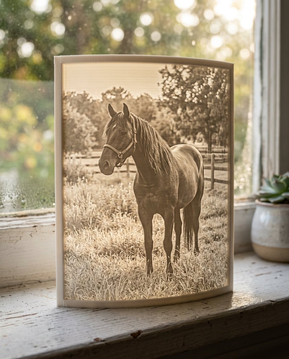 A horse as a 3D Moment, glowing on a windowsill