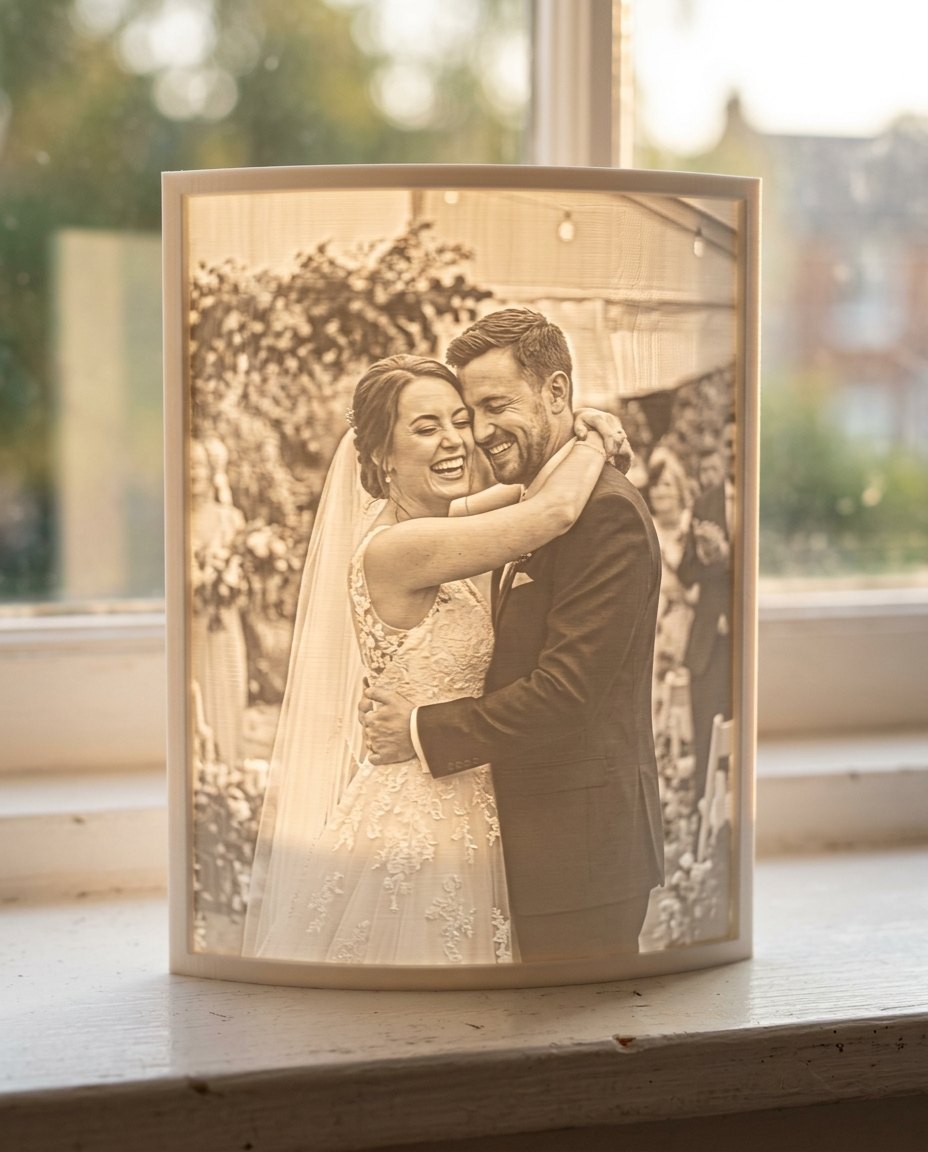 A wedding photo as a 3D Moment, glowing on a windowsill