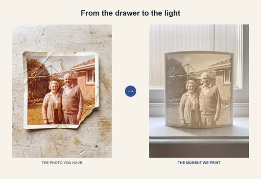 A damaged old photo restored and printed as a glowing 3D Moment