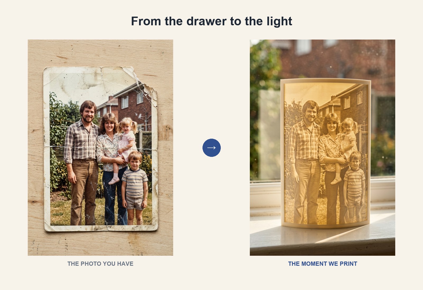 A faded family photo restored and printed as a glowing 3D Moment