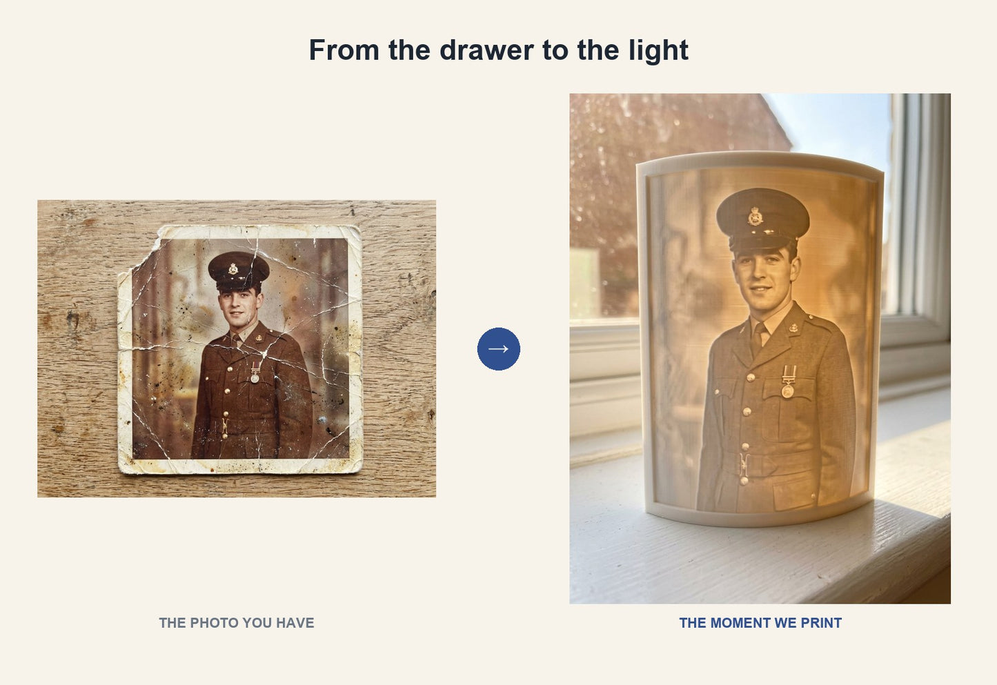 A creased soldier portrait restored and printed as a glowing 3D Moment