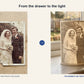 A torn wedding photo restored and printed as a glowing 3D Moment