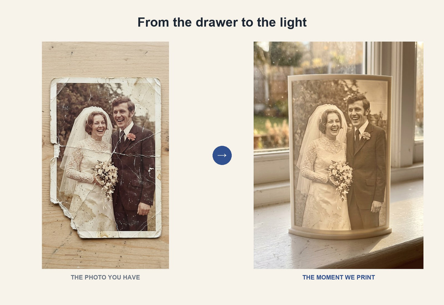 A torn wedding photo restored and printed as a glowing 3D Moment
