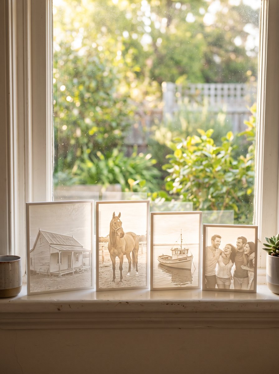 A row of 3D Moments of different subjects glowing on a windowsill