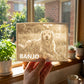 Memorial 3D Moment lithophane of a golden retriever named Banjo glowing in a sunlit window