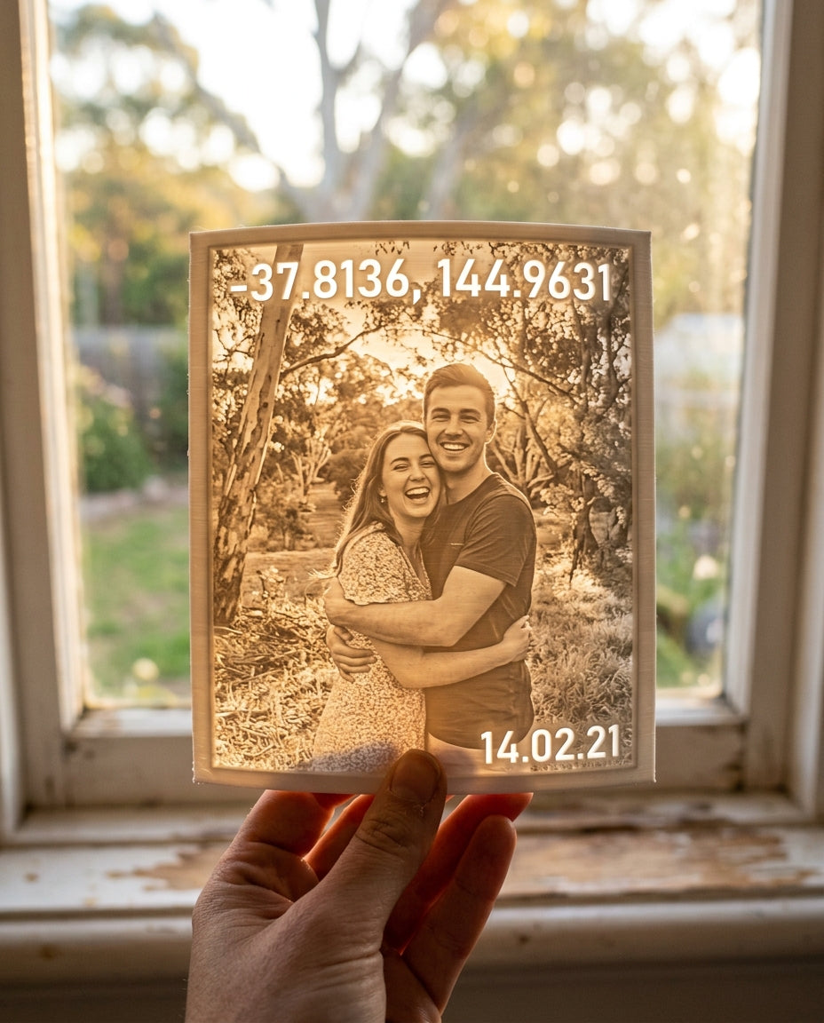 Love story 3D Moment lithophane of a couple with their special date, glowing at sunset