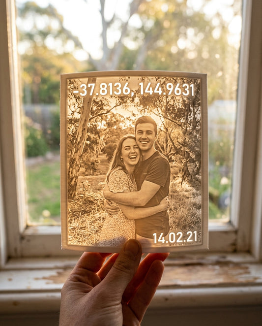 Love story 3D Moment lithophane of a couple with their special date, glowing at sunset